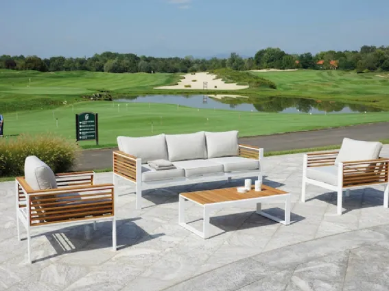 Coffee Set Colonia di Greenwood in legno e alluminio per un giardino moderno