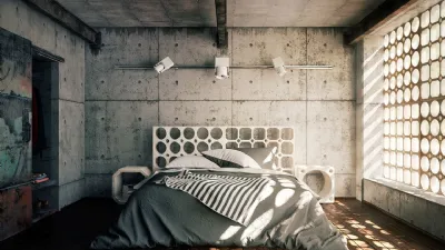 Camera da letto arredata in stile industriale